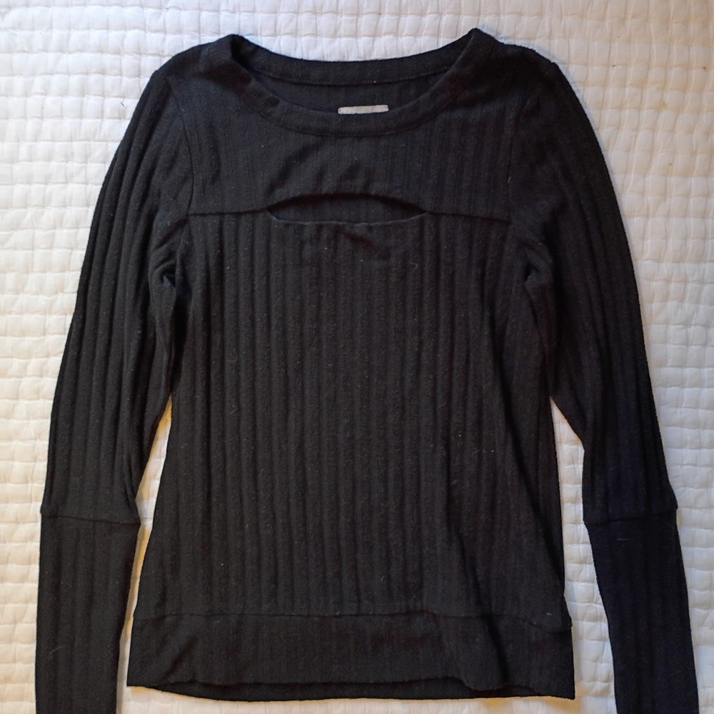 Chaser Black Ribbed Long Sleeve Scoop Top with Cutout